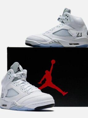 NIKE Air Jordan 5 Men White Silver Ice High Top Basketball Sneakers